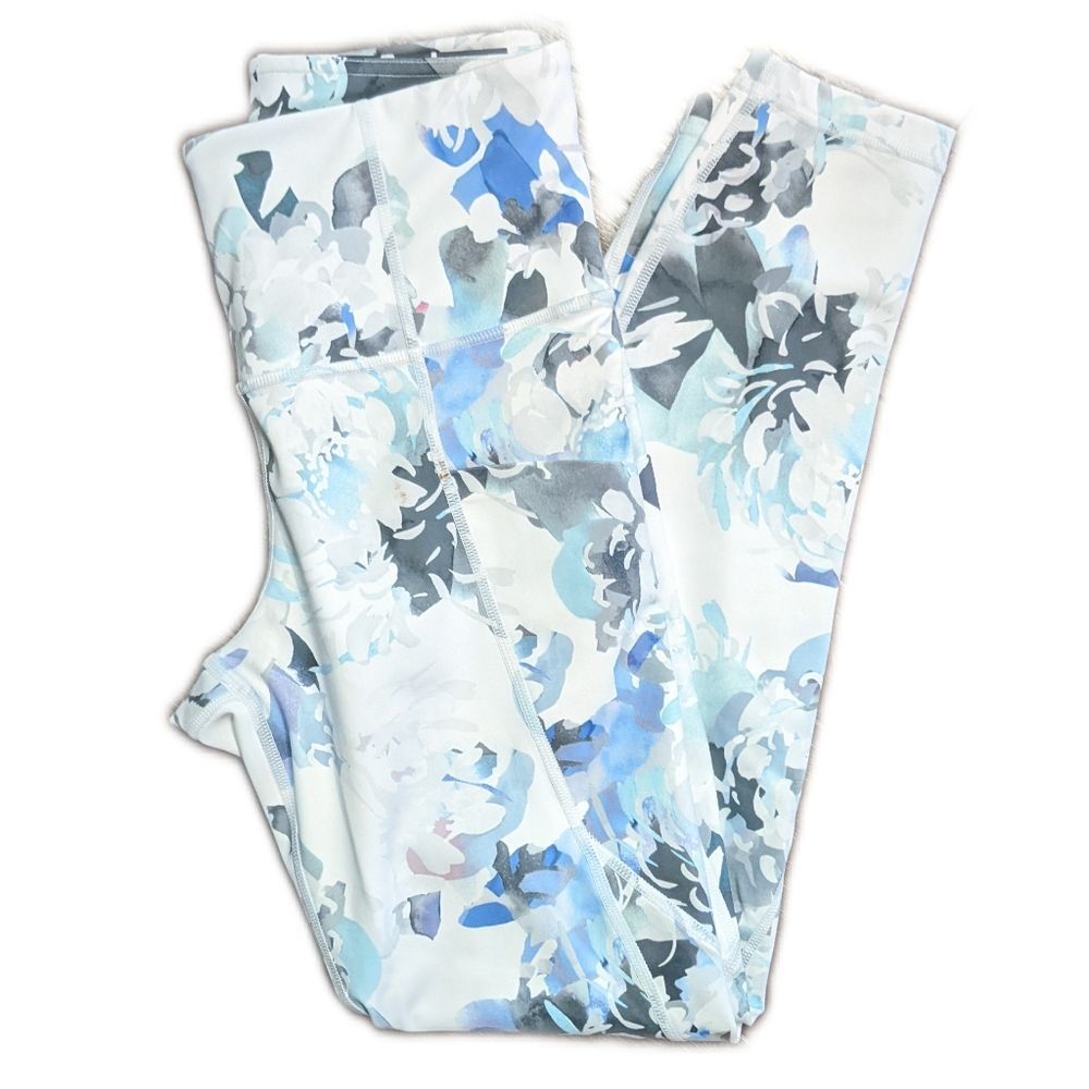 Athleta running leggings, white lavender blue gray floral, has pockets XS